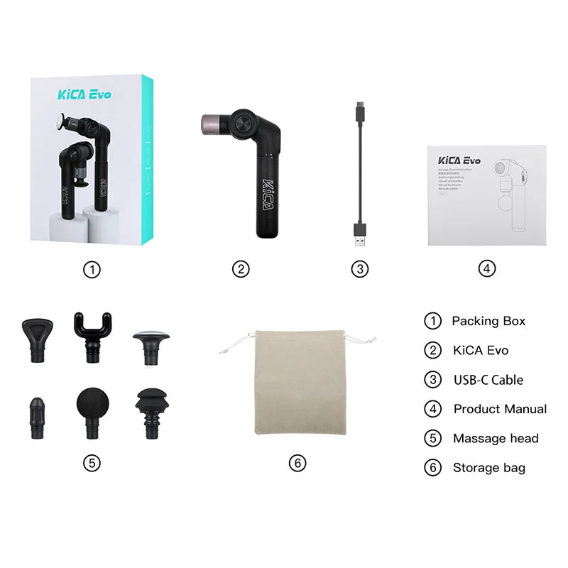 KiCA Evo Fascia Gun Portable Muscle Massage Gun 15kg Impact 3200rpm with 6 Massage Heads 9cm Extension Rod Aluminum Alloy